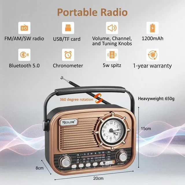 Alt view image 4 of 7 - Retro Portable Radio AM FM Shortwave with Carry Handle, Vintage Bluetooth Speaker, Rechargeable Battery Operated Analog Transistor, Classic Knobs for Home & Seniors