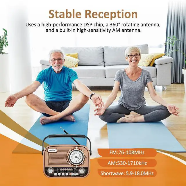 Alt view image 3 of 7 - Retro Portable Radio AM FM Shortwave with Carry Handle, Vintage Bluetooth Speaker, Rechargeable Battery Operated Analog Transistor, Classic Knobs for Home & Seniors