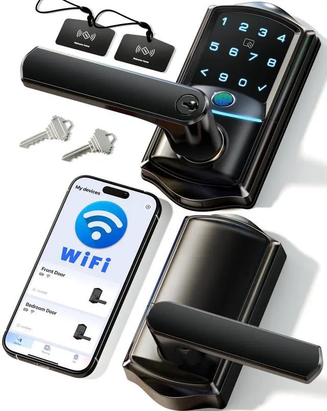 Main image of VE029 WiFi Smart Lever Lock, Fingerprint Keyless Entry Door Lock with Handle, Built-in WiFi, Remote App Control, Electronic Digital Knob for Front Door and Bedroom, IP65 Waterproof, Matte Black