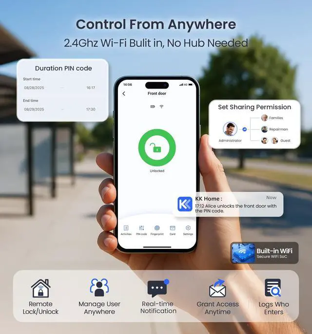 Alt view image 3 of 7 - VE029 WiFi Smart Lever Lock, Fingerprint Keyless Entry Door Lock with Handle, Built-in WiFi, Remote App Control, Electronic Digital Knob for Front Door and Bedroom, IP65 Waterproof, Matte Black