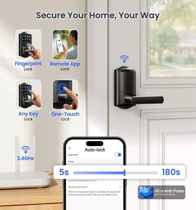 Alt view image 6 of 7 - VE029 WiFi Smart Lever Lock, Fingerprint Keyless Entry Door Lock with Handle, Built-in WiFi, Remote App Control, Electronic Digital Knob for Front Door and Bedroom, IP65 Waterproof, Matte Black