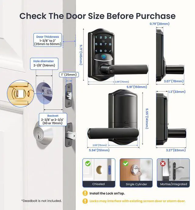Alt view image 7 of 7 - VE029 WiFi Smart Lever Lock, Fingerprint Keyless Entry Door Lock with Handle, Built-in WiFi, Remote App Control, Electronic Digital Knob for Front Door and Bedroom, IP65 Waterproof, Matte Black