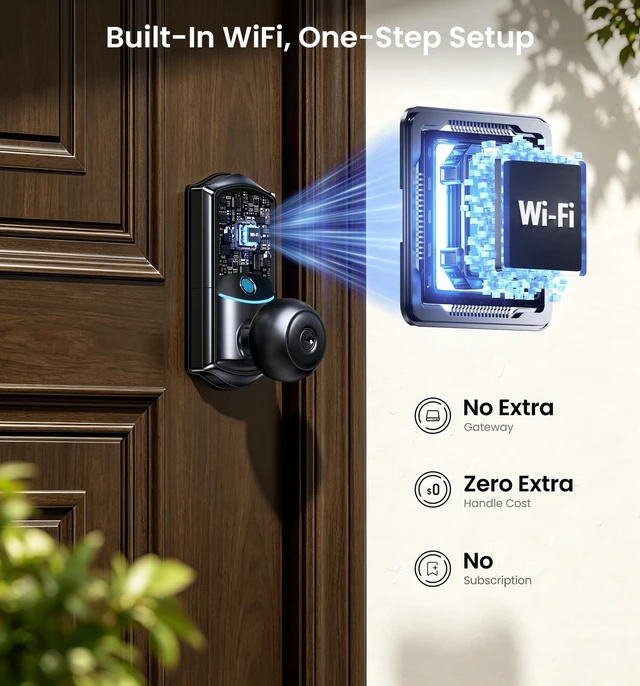 Alt view image 2 of 7 - VE028 WiFi Fingerprint Smart Door Lock with Knob Handle, Matte Black | Remote App, Voice Control, Fob Unlock, Electronic Touchscreen Keypad, Keyless Entry, Auto Lock, for Front Door, Bedroom
