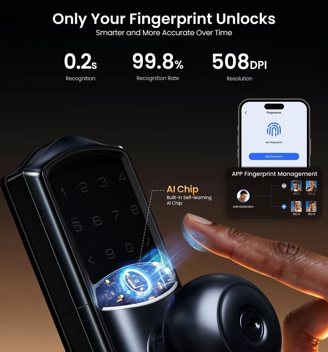 Alt view image 5 of 7 - VE028 WiFi Fingerprint Smart Door Lock with Knob Handle, Matte Black | Remote App, Voice Control, Fob Unlock, Electronic Touchscreen Keypad, Keyless Entry, Auto Lock, for Front Door, Bedroom