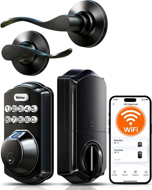 Main image of VE012W-B Wi-Fi Fingerprint Smart Lock with Handle Set, Remote App Control, Keyless Entry Front Door Lever, Built-in WiFi No Hub Needed, Backlit Keypad Deadbolt, Auto-Locking, Matte Black