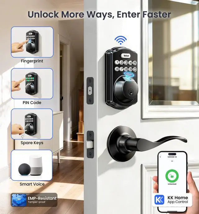 Alt view image 3 of 7 - VE012W-B Wi-Fi Fingerprint Smart Lock with Handle Set, Remote App Control, Keyless Entry Front Door Lever, Built-in WiFi No Hub Needed, Backlit Keypad Deadbolt, Auto-Locking, Matte Black