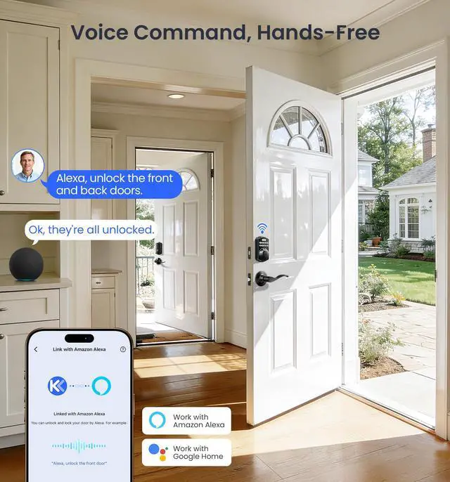 Alt view image 4 of 7 - VE012W-B Wi-Fi Fingerprint Smart Lock with Handle Set, Remote App Control, Keyless Entry Front Door Lever, Built-in WiFi No Hub Needed, Backlit Keypad Deadbolt, Auto-Locking, Matte Black