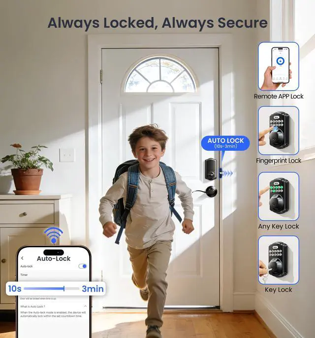 Alt view image 7 of 7 - VE012W-B Wi-Fi Fingerprint Smart Lock with Handle Set, Remote App Control, Keyless Entry Front Door Lever, Built-in WiFi No Hub Needed, Backlit Keypad Deadbolt, Auto-Locking, Matte Black