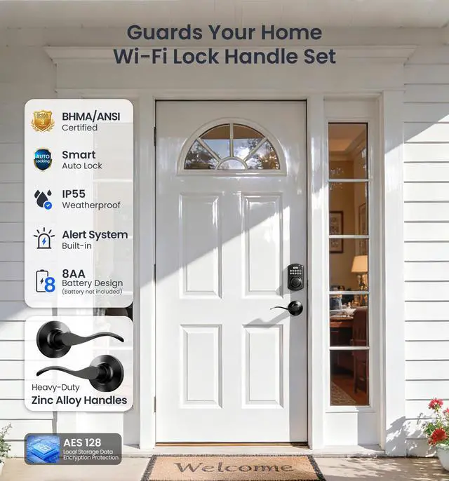 Alt view image 6 of 7 - VE012W-B Wi-Fi Fingerprint Smart Lock with Handle Set, Remote App Control, Keyless Entry Front Door Lever, Built-in WiFi No Hub Needed, Backlit Keypad Deadbolt, Auto-Locking, Matte Black
