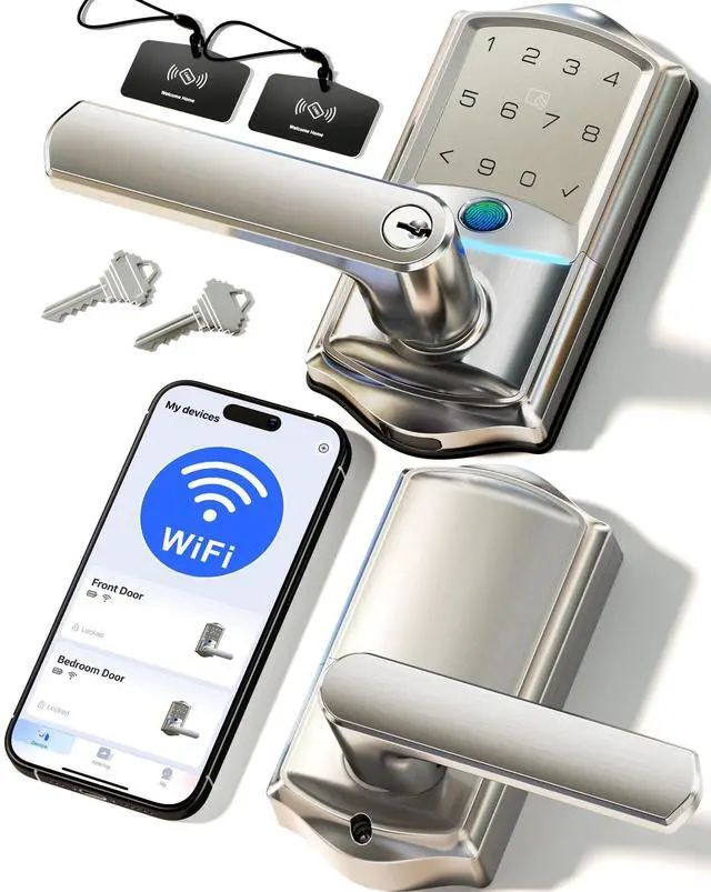 Main image of VE029 WiFi Smart Lever Lock, Fingerprint Keyless Entry Door Lock with Handle, Built-in WiFi, Remote App Control, Electronic Digital Knob for Front Door and Bedroom, IP65 Waterproof, Satin Nickel