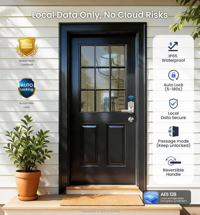 Alt view image 5 of 6 - VE029 WiFi Smart Lever Lock, Fingerprint Keyless Entry Door Lock with Handle, Built-in WiFi, Remote App Control, Electronic Digital Knob for Front Door and Bedroom, IP65 Waterproof, Satin Nickel