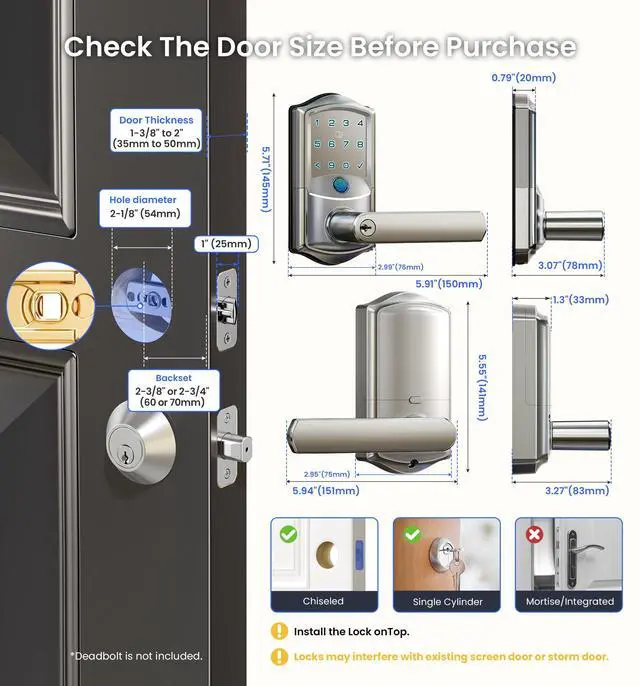 Alt view image 6 of 6 - VE029 WiFi Smart Lever Lock, Fingerprint Keyless Entry Door Lock with Handle, Built-in WiFi, Remote App Control, Electronic Digital Knob for Front Door and Bedroom, IP65 Waterproof, Satin Nickel