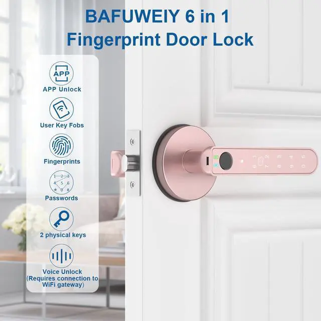 Alt view image 2 of 7 - Fingerprint Door Lock, 6-in-1 Smart Door Knob with App Control/Fingerprints/IC Cards/Passwords/2 Keys, Fingerprint Door Knob Smart Door Lock for Bedroom Apartment-Pink