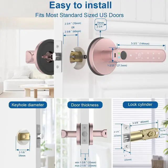 Alt view image 7 of 7 - Fingerprint Door Lock, 6-in-1 Smart Door Knob with App Control/Fingerprints/IC Cards/Passwords/2 Keys, Fingerprint Door Knob Smart Door Lock for Bedroom Apartment-Pink