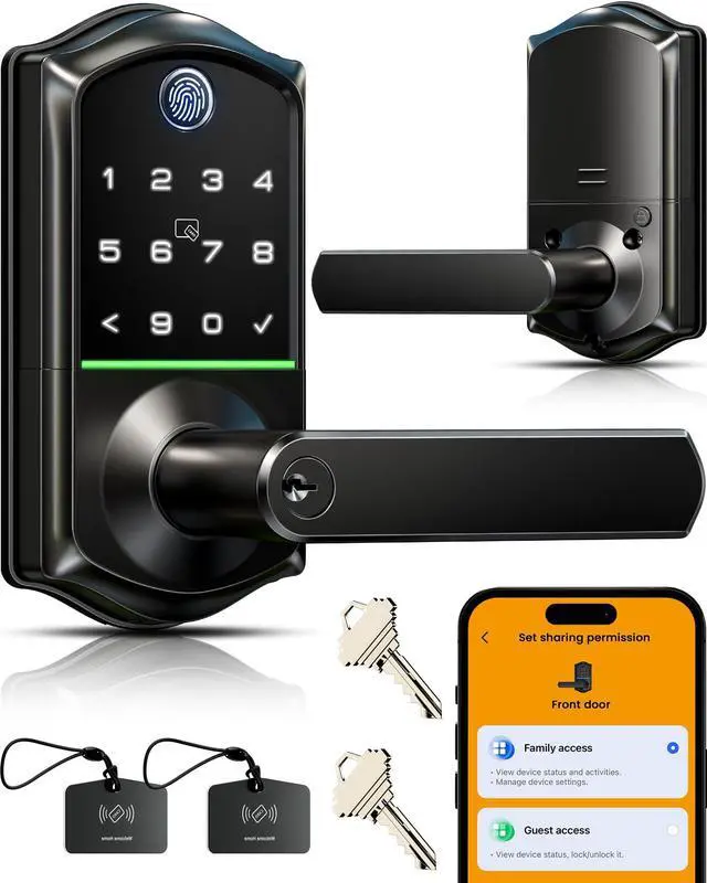 Main image of VE019 Fingerprint Smart Lever Lock, App Control, Keyless Entry Door Lock with Handle, Touchscreen Keypad Knob for Front Door and Bedroom, Remote Access Sharing, IP55 Waterproof, Matte Black