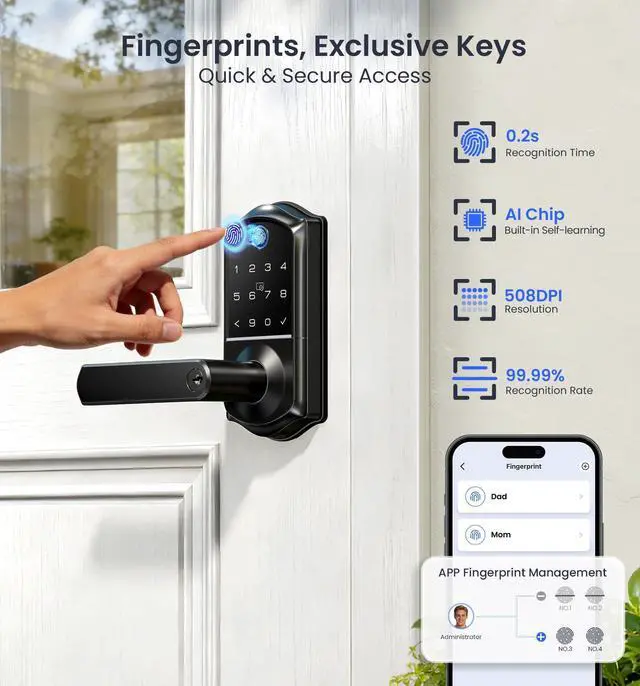 Alt view image 4 of 7 - VE019 Fingerprint Smart Lever Lock, App Control, Keyless Entry Door Lock with Handle, Touchscreen Keypad Knob for Front Door and Bedroom, Remote Access Sharing, IP55 Waterproof, Matte Black