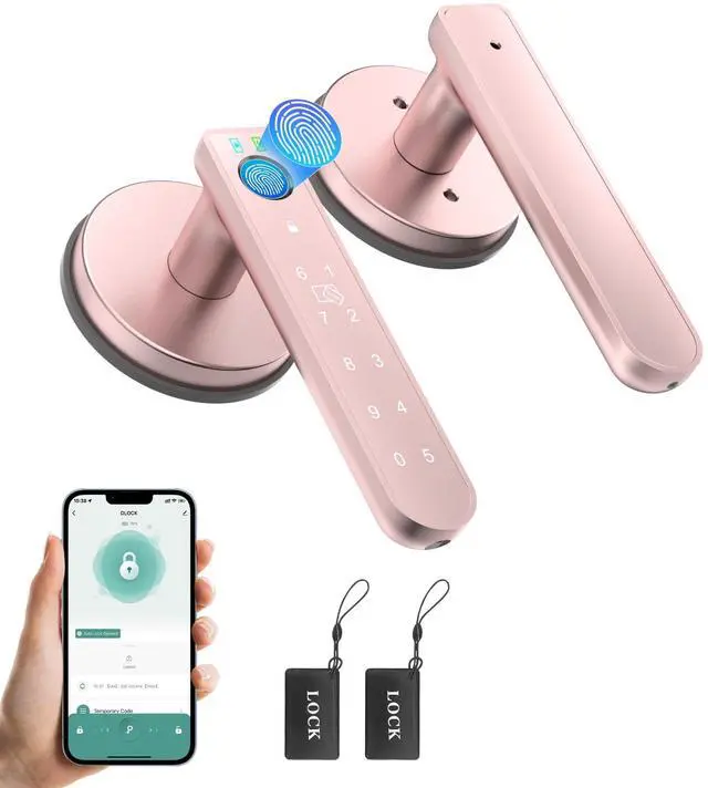 Main image of Fingerprint Door Lock, 6-in-1 Smart Door Knob with App Control/Fingerprints/IC Cards/Passwords/2 Keys, Fingerprint Door Knob Smart Door Lock for Bedroom Apartment-Pink