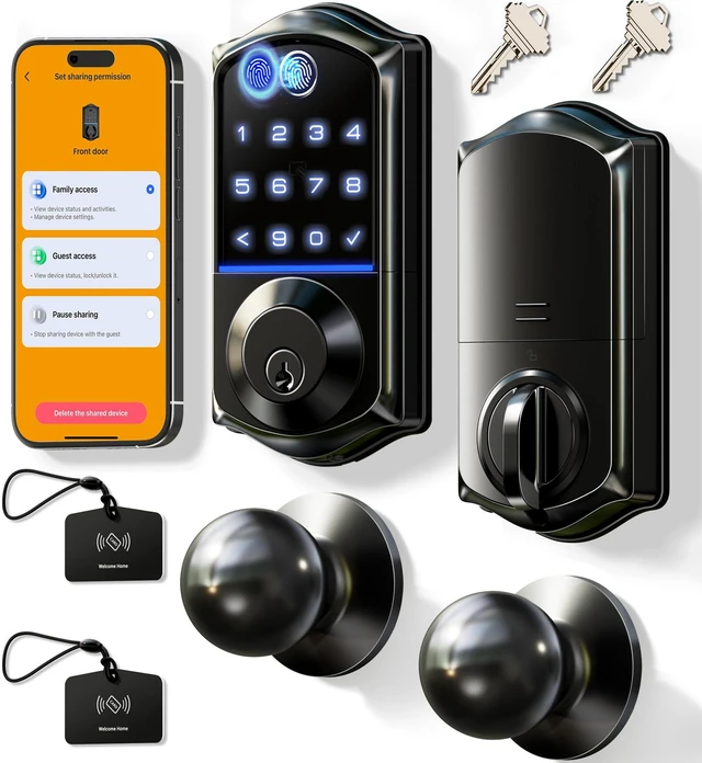 Main image of VE017-K Fingerprint Smart Front Lock with Knob Set, APP, Matte Black | Remote Access Sharing, Fob Unlock, Touchscreen Keypad Deadbolt, Keyless Entry, Auto-Lock, Easy Install, Low Battery Alarm