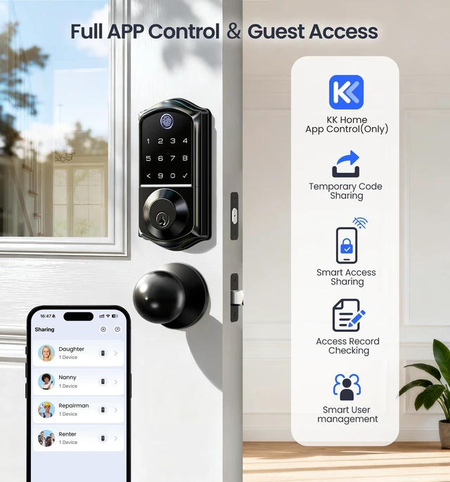 Alt view image 2 of 7 - VE017-K Fingerprint Smart Front Lock with Knob Set, APP, Matte Black | Remote Access Sharing, Fob Unlock, Touchscreen Keypad Deadbolt, Keyless Entry, Auto-Lock, Easy Install, Low Battery Alarm