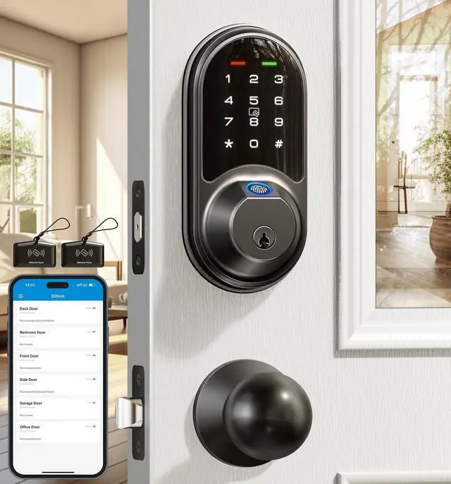 Main image of RZ07C Smart Locks for Front Door, 2 Knob Handle Set, Fingerprint Keyless Entry, App Control Biometric Lock, Electronic Digital Touchscreen Keypad Deadbolt, Easy Install, Auto Lock, Matte Black