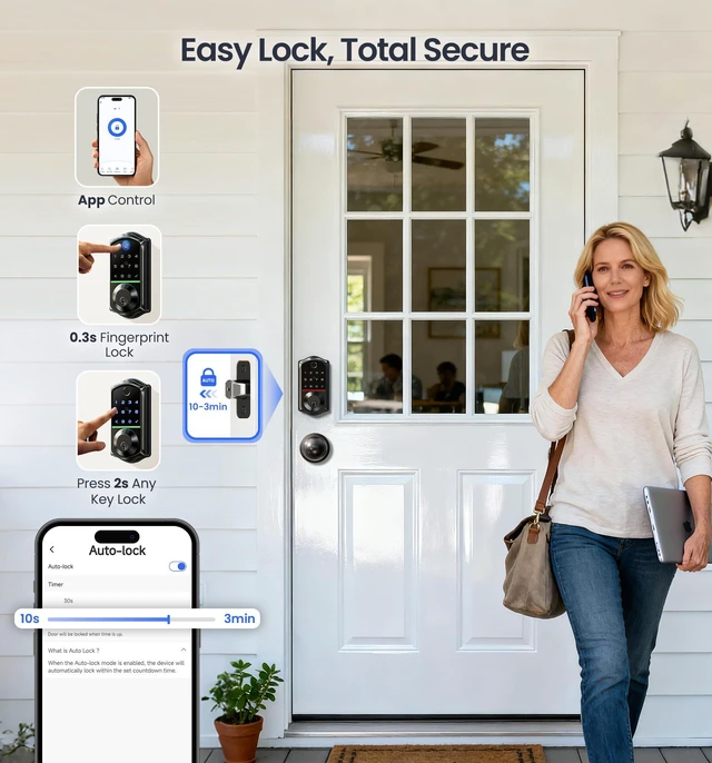 Alt view image 7 of 7 - VE017-K Fingerprint Smart Front Lock with Knob Set, APP, Matte Black | Remote Access Sharing, Fob Unlock, Touchscreen Keypad Deadbolt, Keyless Entry, Auto-Lock, Easy Install, Low Battery Alarm