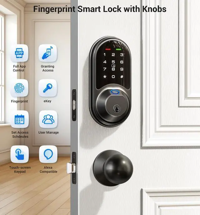 Alt view image 4 of 6 - RZ07C Smart Locks for Front Door, 2 Knob Handle Set, Fingerprint Keyless Entry, App Control Biometric Lock, Electronic Digital Touchscreen Keypad Deadbolt, Easy Install, Auto Lock, Matte Black