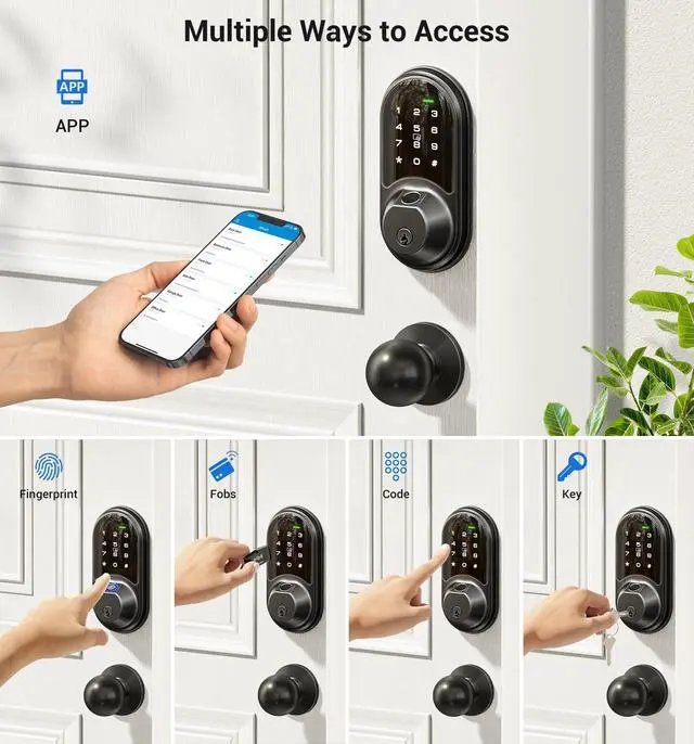 Alt view image 2 of 6 - RZ07C Smart Locks for Front Door, 2 Knob Handle Set, Fingerprint Keyless Entry, App Control Biometric Lock, Electronic Digital Touchscreen Keypad Deadbolt, Easy Install, Auto Lock, Matte Black