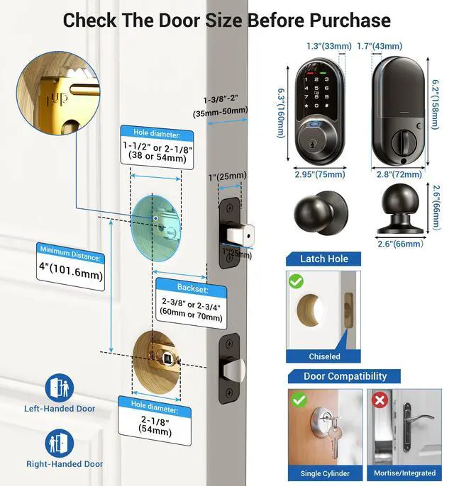 Alt view image 6 of 6 - RZ07C Smart Locks for Front Door, 2 Knob Handle Set, Fingerprint Keyless Entry, App Control Biometric Lock, Electronic Digital Touchscreen Keypad Deadbolt, Easy Install, Auto Lock, Matte Black