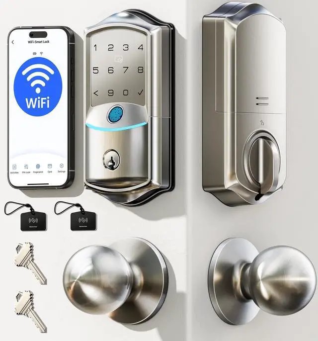 Main image of VE027-K Built-in WiFi Smart Lock with 2 Knob, Fingerprint Keyless Entry Door Lock Handle Set for Front Door, App Remote Control, Electronic Digital Keypad Deadbolt, IP65 Waterproof, Satin Nickel