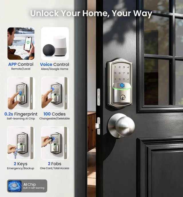 Alt view image 2 of 7 - VE027-K Built-in WiFi Smart Lock with 2 Knob, Fingerprint Keyless Entry Door Lock Handle Set for Front Door, App Remote Control, Electronic Digital Keypad Deadbolt, IP65 Waterproof, Satin Nickel