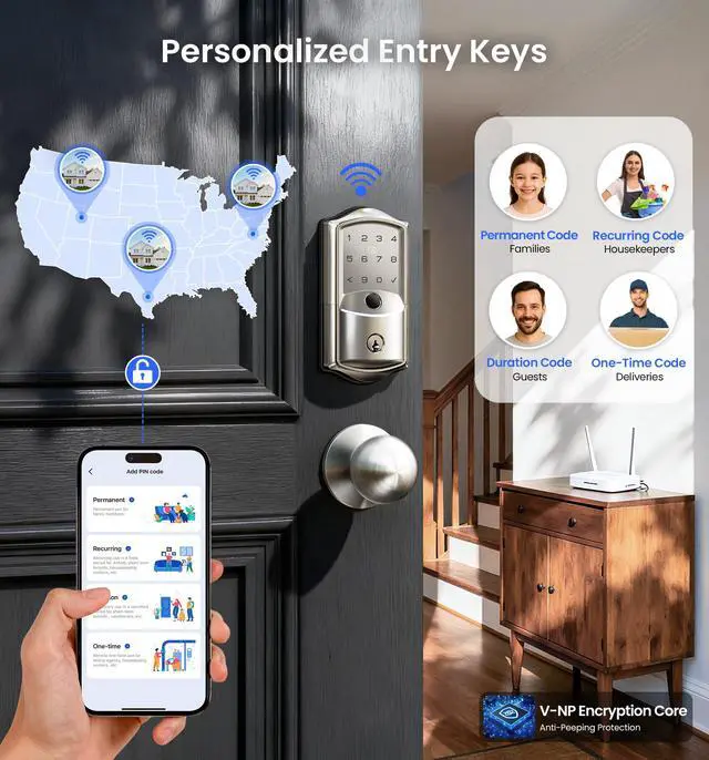 Alt view image 5 of 7 - VE027-K Built-in WiFi Smart Lock with 2 Knob, Fingerprint Keyless Entry Door Lock Handle Set for Front Door, App Remote Control, Electronic Digital Keypad Deadbolt, IP65 Waterproof, Satin Nickel
