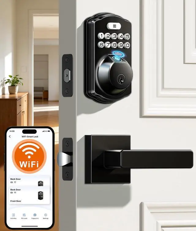 Main image of VE012W-L Built-in Wi-Fi Fingerprint Smart Lock with Lever Handle Set, App Remote Control, Keyless Entry for Front Door, Deadbolt Digital Backlit Keypad, Voice Assistant, Auto Lock, Matte Black