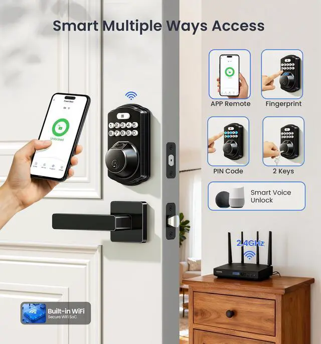 Alt view image 2 of 7 - VE012W-L Built-in Wi-Fi Fingerprint Smart Lock with Lever Handle Set, App Remote Control, Keyless Entry for Front Door, Deadbolt Digital Backlit Keypad, Voice Assistant, Auto Lock, Matte Black