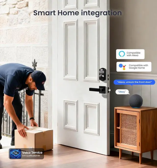 Alt view image 4 of 7 - VE012W-L Built-in Wi-Fi Fingerprint Smart Lock with Lever Handle Set, App Remote Control, Keyless Entry for Front Door, Deadbolt Digital Backlit Keypad, Voice Assistant, Auto Lock, Matte Black