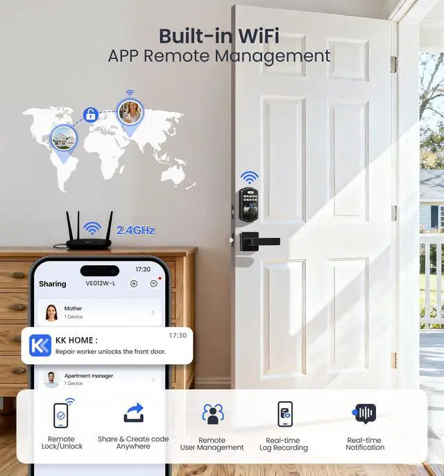 Alt view image 3 of 7 - VE012W-L Built-in Wi-Fi Fingerprint Smart Lock with Lever Handle Set, App Remote Control, Keyless Entry for Front Door, Deadbolt Digital Backlit Keypad, Voice Assistant, Auto Lock, Matte Black