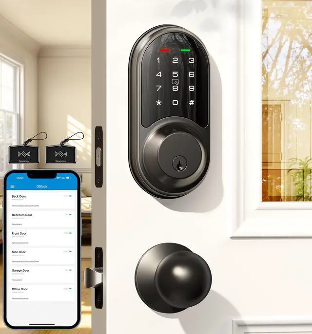 Main image of RZ06C Smart Locks for Front Door, 2 Knob Handle Set, Keyless Entry Deadbolt, App Control, Electronic Touchscreen Digital Keypad, Auto Lock, Easy Installation, IP54 Waterproof, Matte Black