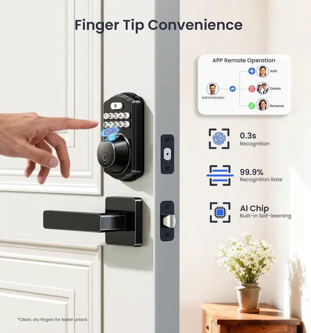Alt view image 5 of 7 - VE012W-L Built-in Wi-Fi Fingerprint Smart Lock with Lever Handle Set, App Remote Control, Keyless Entry for Front Door, Deadbolt Digital Backlit Keypad, Voice Assistant, Auto Lock, Matte Black