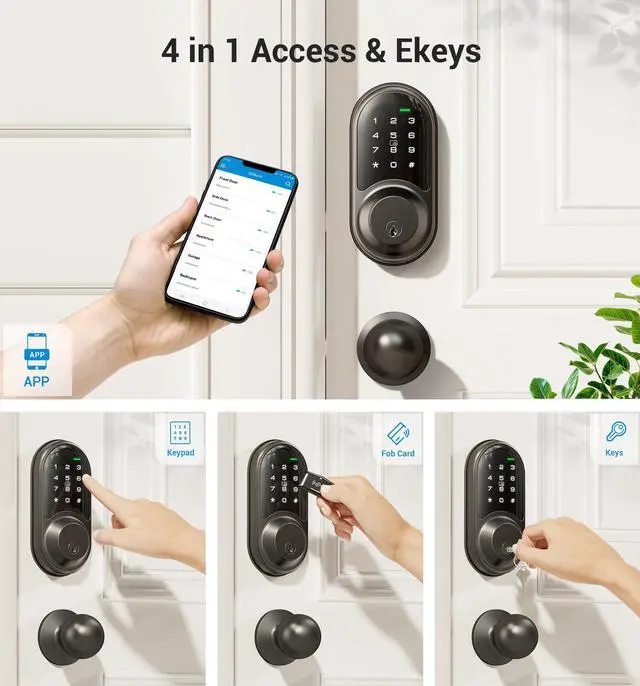 Alt view image 2 of 6 - RZ06C Smart Locks for Front Door, 2 Knob Handle Set, Keyless Entry Deadbolt, App Control, Electronic Touchscreen Digital Keypad, Auto Lock, Easy Installation, IP54 Waterproof, Matte Black