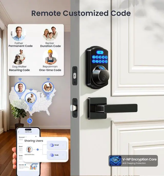 Alt view image 6 of 7 - VE012W-L Built-in Wi-Fi Fingerprint Smart Lock with Lever Handle Set, App Remote Control, Keyless Entry for Front Door, Deadbolt Digital Backlit Keypad, Voice Assistant, Auto Lock, Matte Black