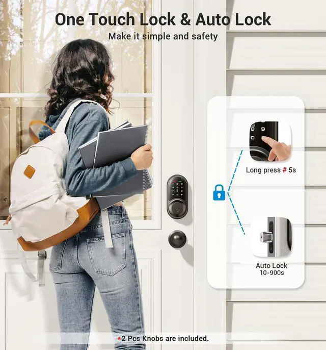 Alt view image 4 of 6 - RZ06C Smart Locks for Front Door, 2 Knob Handle Set, Keyless Entry Deadbolt, App Control, Electronic Touchscreen Digital Keypad, Auto Lock, Easy Installation, IP54 Waterproof, Matte Black