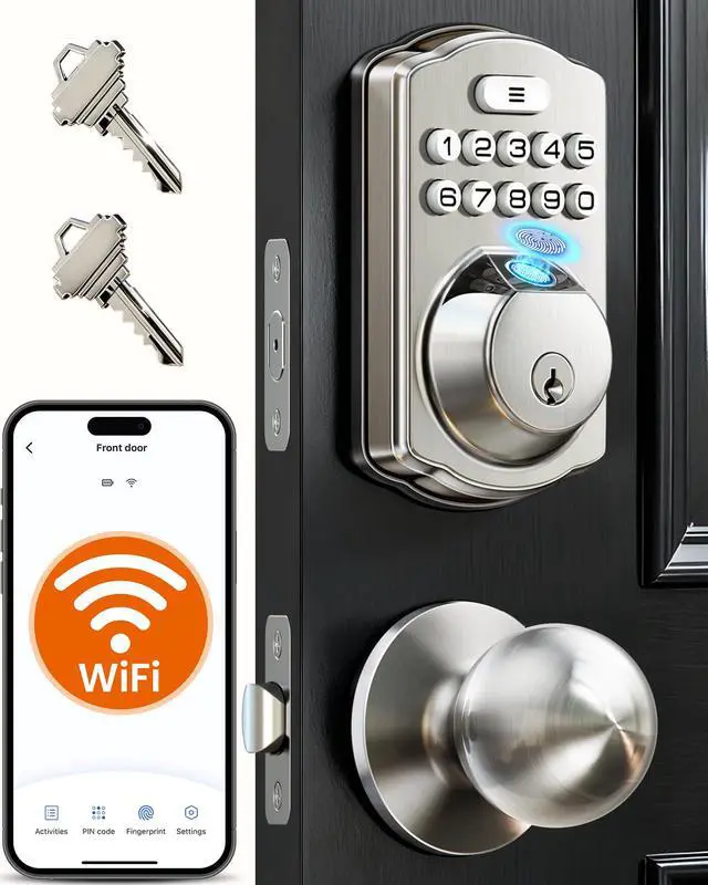 Main image of VE012W-K Built-in WiFi Fingerprint Smart Lock with 2 Knobs, No Hub Needed, Remote APP Control, Keyless Entry Door Lock, Smart Deadbolt for Front Door, Auto Locking, Satin Nickel