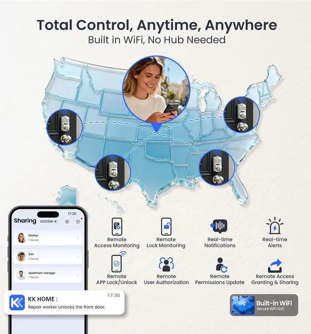 Alt view image 2 of 7 - VE012W-K Built-in WiFi Fingerprint Smart Lock with 2 Knobs, No Hub Needed, Remote APP Control, Keyless Entry Door Lock, Smart Deadbolt for Front Door, Auto Locking, Satin Nickel