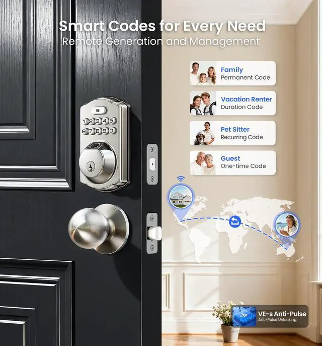 Alt view image 4 of 7 - VE012W-K Built-in WiFi Fingerprint Smart Lock with 2 Knobs, No Hub Needed, Remote APP Control, Keyless Entry Door Lock, Smart Deadbolt for Front Door, Auto Locking, Satin Nickel