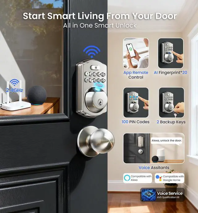 Alt view image 3 of 7 - VE012W-K Built-in WiFi Fingerprint Smart Lock with 2 Knobs, No Hub Needed, Remote APP Control, Keyless Entry Door Lock, Smart Deadbolt for Front Door, Auto Locking, Satin Nickel