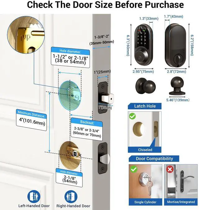 Alt view image 6 of 6 - RZ06C Smart Locks for Front Door, 2 Knob Handle Set, Keyless Entry Deadbolt, App Control, Electronic Touchscreen Digital Keypad, Auto Lock, Easy Installation, IP54 Waterproof, Matte Black