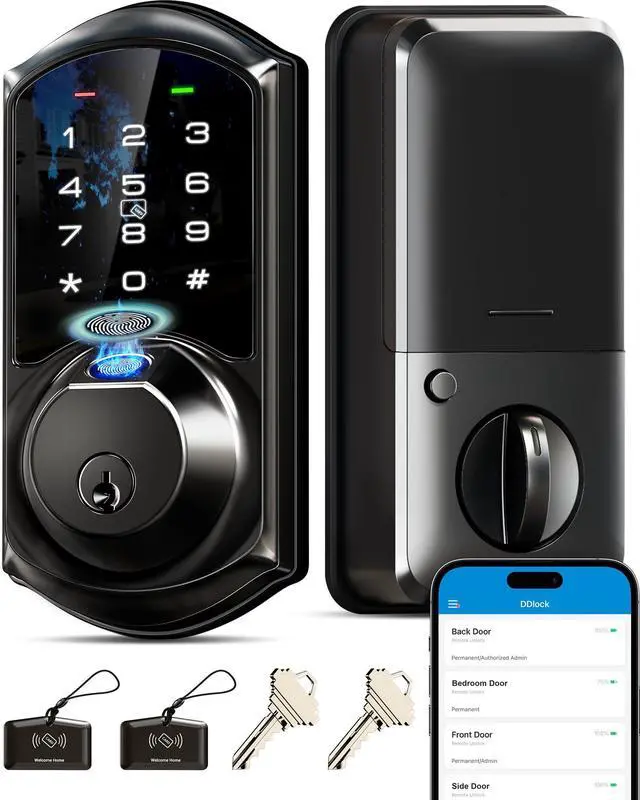 Main image of VE07 Fingerprint Smart Deadbolt Lock, App Control, Fobs, Matte Black