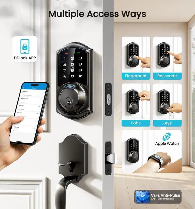 Alt view image 2 of 7 - VE07 Fingerprint Smart Deadbolt Lock, App Control, Fobs, Matte Black