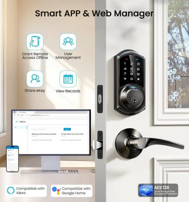 Alt view image 3 of 7 - VE07 Fingerprint Smart Deadbolt Lock, App Control, Fobs, Matte Black