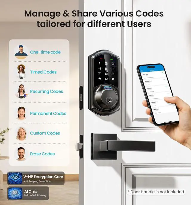 Alt view image 4 of 7 - VE07 Fingerprint Smart Deadbolt Lock, App Control, Fobs, Matte Black