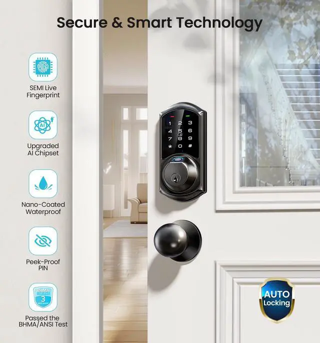 Alt view image 5 of 7 - VE07 Fingerprint Smart Deadbolt Lock, App Control, Fobs, Matte Black